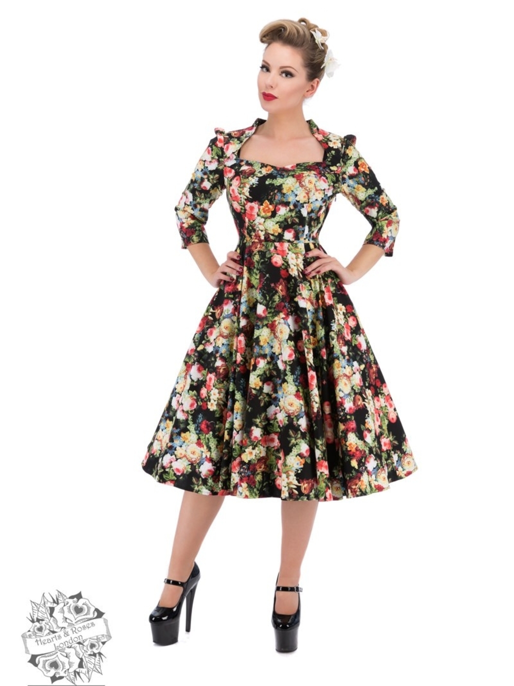 Hearts & Roses Cotton Swing Floral 1950s Dress Midi Cottagecore Goth